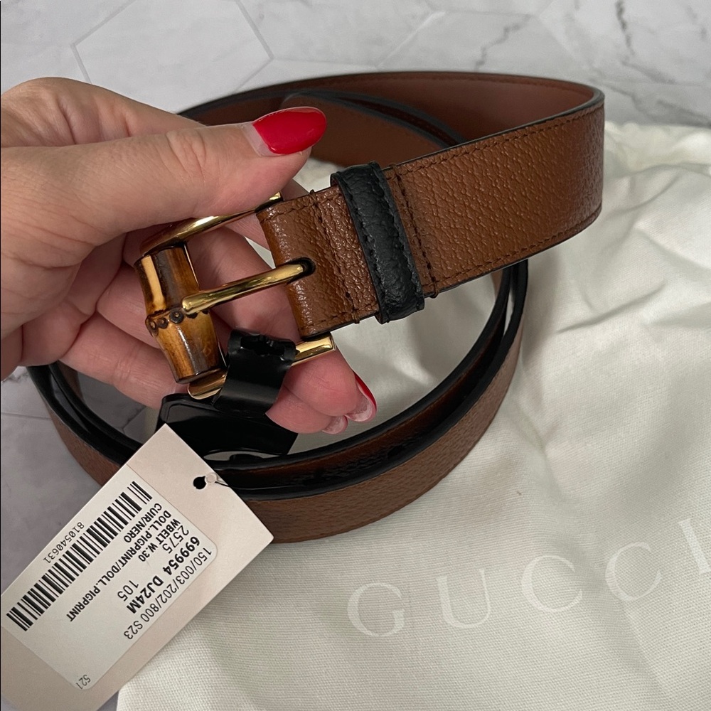 $1,185 New Authentic GUCCI Belt 105-42 GG LOGO Brown Black bamboo luxury sale